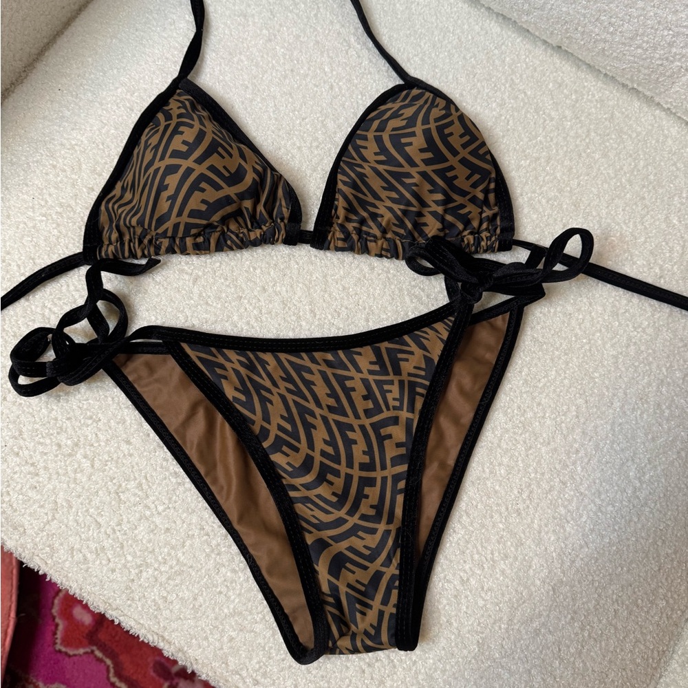AUTHENTIC Fendi Black and Brown Logo Print Bikini
